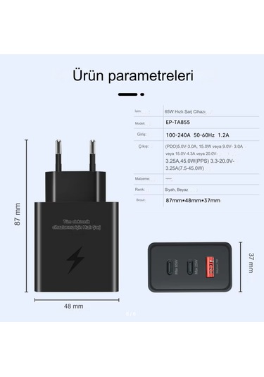 Type C & Type A Hizli Sarj Aleti Uclu 2xtype C- Usb 65w 25w 15w