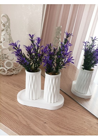 Mini Desenli İkili Beton Saksı Ve Oval Tabak - Yapay Çiçek Hediyeli - Mor