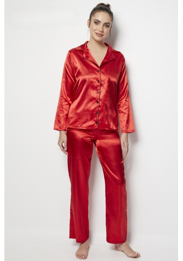 Faryanight Saten Uzun Kollu Düğmeli Gömlek Pijama Takımı Kırmızı
