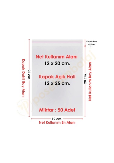 12x20+5 Cm. 12x25 50 Adet Şeffaf Bantlı Yapışkanlı Opp Poşet