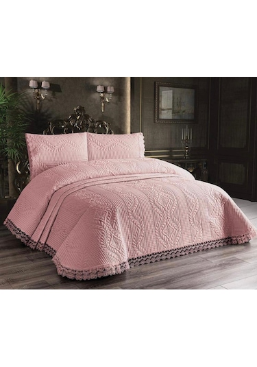 Güpürlü Mikrofiber Yatak Örtüsü Seti Pudra Yatak Örtüsü Pudra