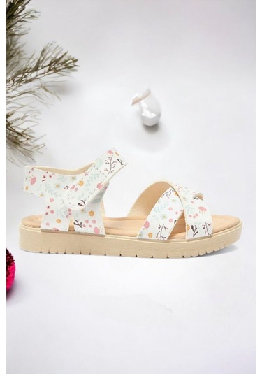 Cırt Cırtlı Ekru Baskılı Kız Çocuk Sandalet 001