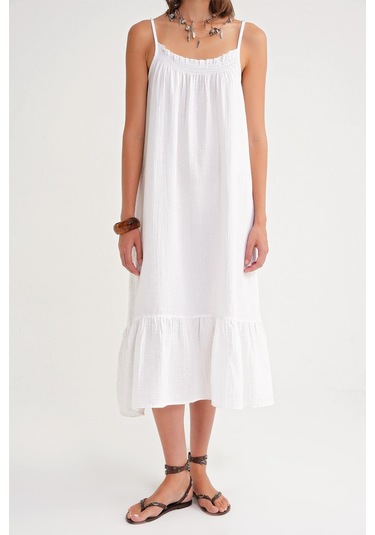 4740 Kadın Askılı Müslin Midi Elbise Beyaz Beyaz