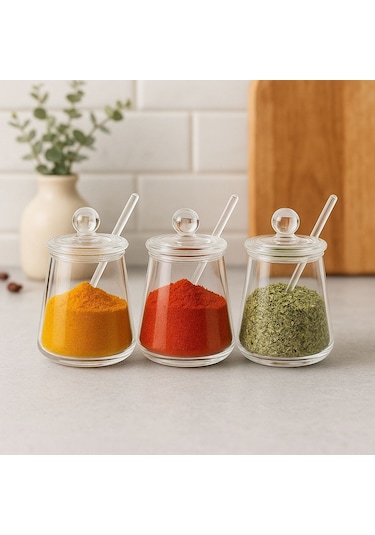 Qerhome 3'lü Borosilikat Cam Kapaklı Cam Kaşıklı Baharatlık Seti Beyaz
