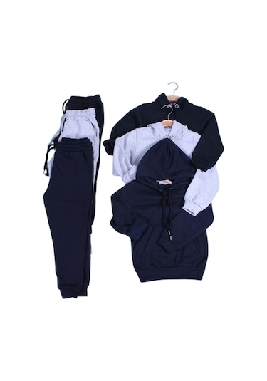 Fyk Kids Düz Kanguru Cepli Erkek Çocuk Alt-Üst Eşofman Takımı 3'lü - Çok Renkli