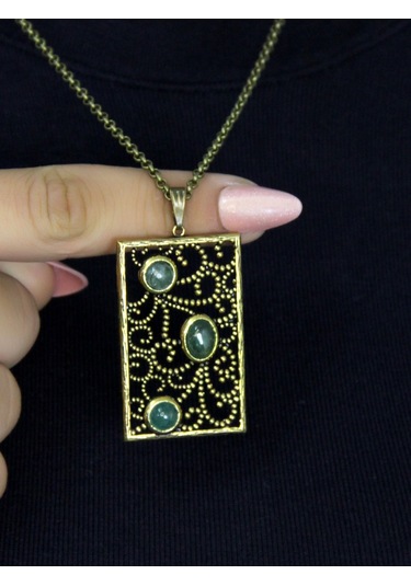 Doğal Taş Yeşil Akik 3'lü Doğal Taşlı Antik Kadın Kolye Euk45ya Yeşil