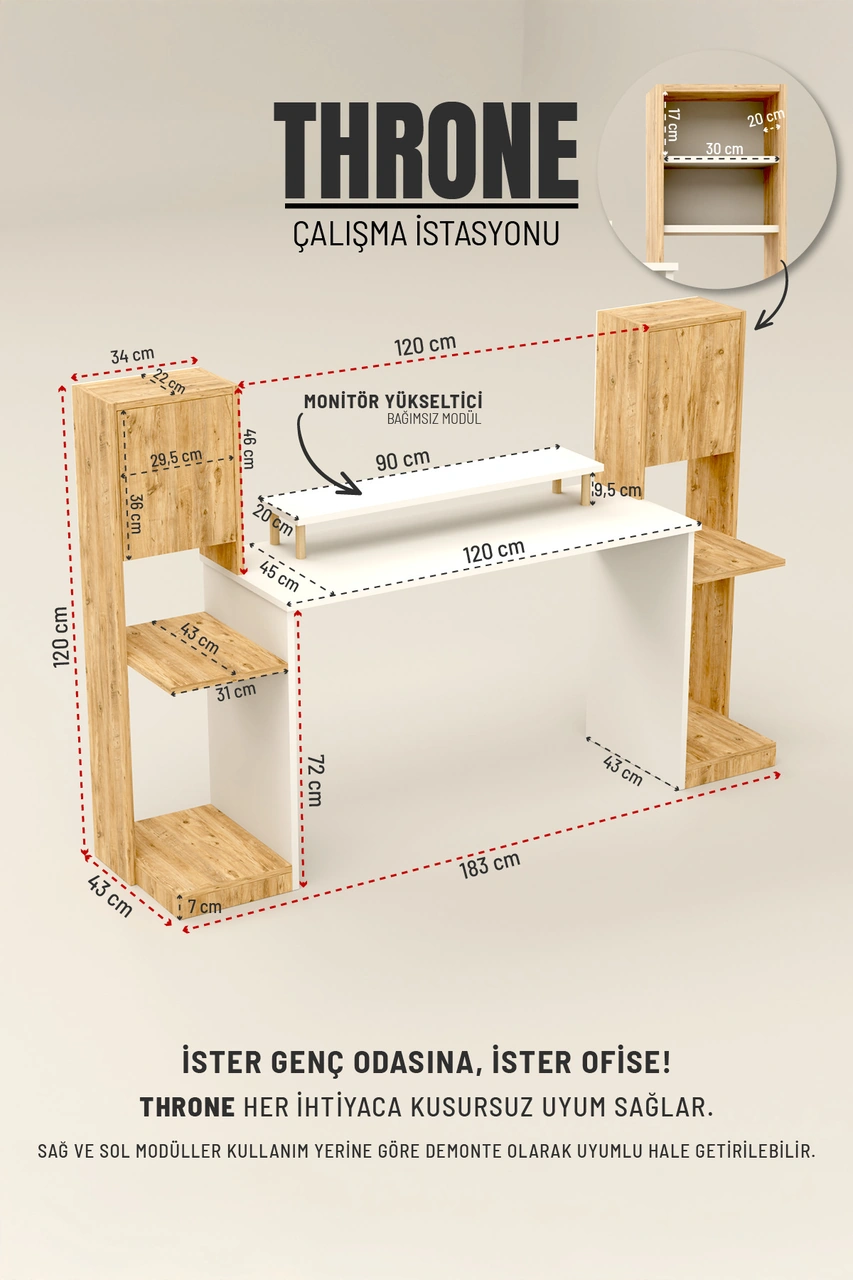 Throne Dolaplı, Kitaplıklı, Raflı Çalışma Masası, Bilgisayar Masası, Çocuk Çalışma Masası Atlantik Çam Atlantik Çam
