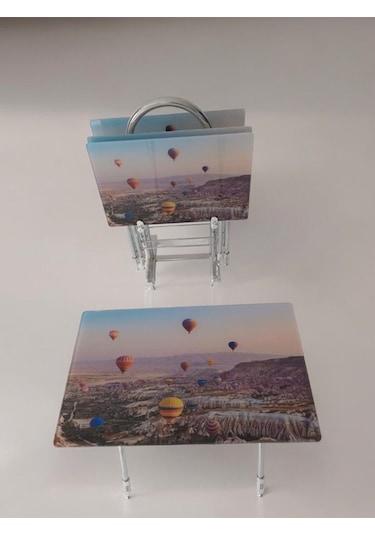 Liza Serisi Çanta Zigon, 4 Lü Katlanabilir Sehpa, Cam Sehpa, Çanta Sehpa Krom Ayak Kapadokya