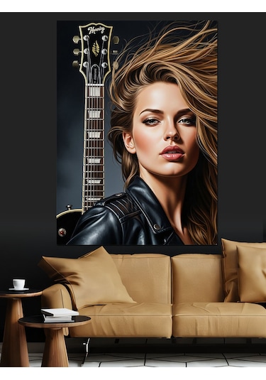 Gitar Çalan Uzun Saçlı Kadın Dekoratif Kanvas - Mdf Ahşap Tablo