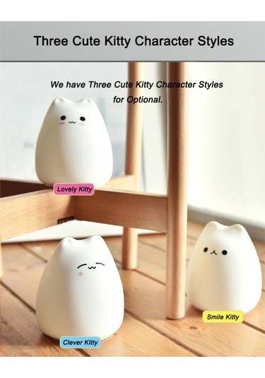 Qingmipy Sevimli Kedi Şekilli 7 Renkli Dokunmatik Gece Lambası - Yumuşak Silikon Beyaz