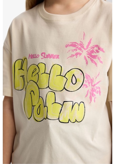 Defacto Kız Çocuk Relax Fit Bisiklet Yaka Kısa Kollu Tişört E0389a825smer42 Ekru