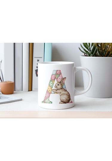 A Harfli Tavşan Kupa - Patchwork / Yamalı Desenli İsme Özel Kupa - Pastel Vintage Tarz Hediyelik 07 Beyaz