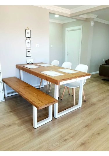 Doğal Ahşap Yemek Masası 10 Kişilik 80-220-76 Cm Beyaz Metal Ayak