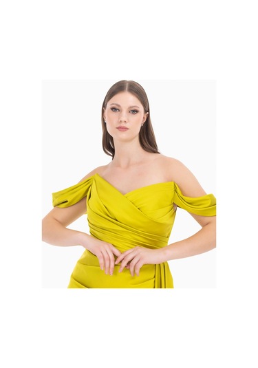 Kruvaze Yaka Yırtmaçlı Saten Dokuma Abiye-yeşil Yeşil