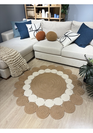 Mavaux Hasır Jüt Çiçek Desenli Kilim Halı Krem - Bej