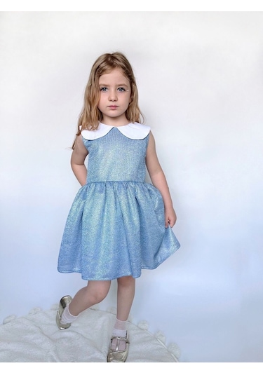 Linola Baby Kids Shiny Simli Bebe Yakalı Çocuk Elbisesi Mavi