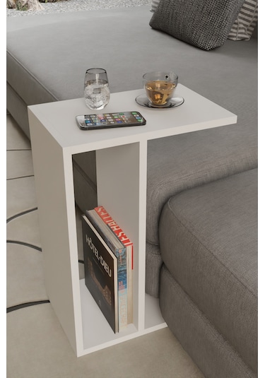 Alpa Ev Mobilya C Tasarım Koltuk Yanı Sehpa, Kitaplıklı Modern Laptop & Kahve Sehpası, Orta Sehpa Beyaz