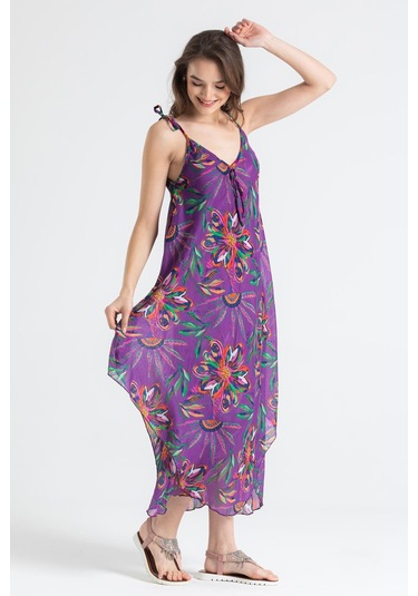 Askılı Vual Afrodit Midi Boy Elbise Mor 6194 - Kadın