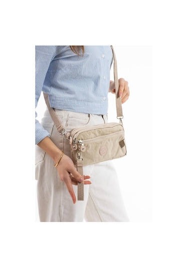 Klinkır Kumaş Mini Çapraz Askılı Kadın Çanta Yağmur Geçirmez El Askılı Çanta 20 10 Cm Mega Bag Krem