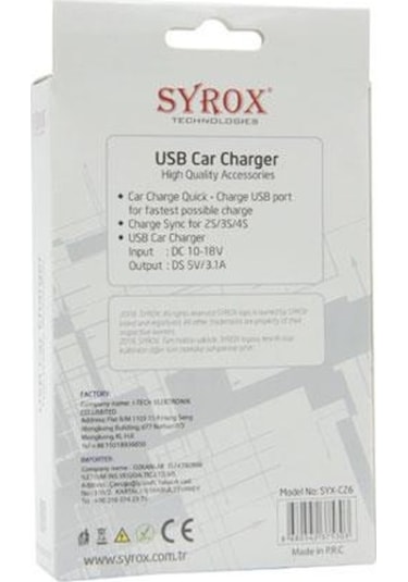 Syrox 3.1A 1 Usb Giriş + Sabit Kablolu Araç Şarjı C26