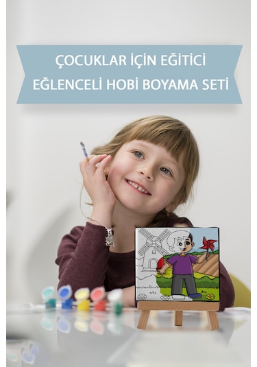 Sevimli Çocuk Ve Yel Değirmeni Çocuk Eğitici Tuval Boyama Seti