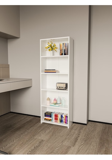 Alpa Ev Mobilya 5 Raflı Kitaplık, Modern Çok Amaçlı Ahşap Ofis, Salon Ve Mutfak Raf Dolabı Beyaz