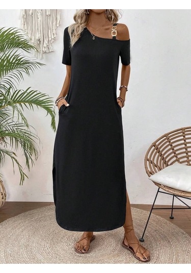 Kadın Tek Omuzdan Açık Toka Detaylı Yandan Yırtmaçlı Maksi Boy Viskon Elbise Siyah