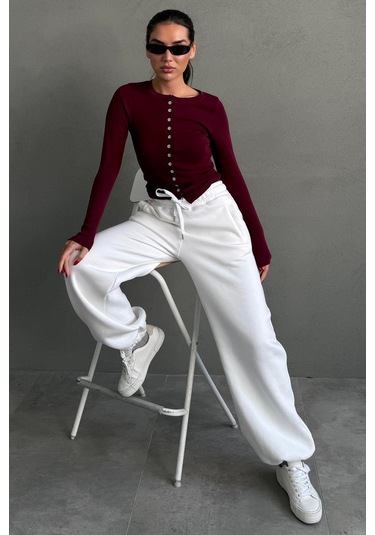 Ekru Geniş Paça Rahat Kalıp Lastikli Eşofman Altı Mg2581 Ekru