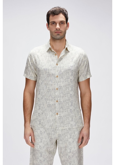 Merle Beyaz Kısa Kollu Baskılı Erkek Gömlek Beyaz