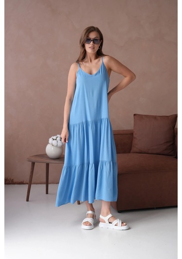 İnce Askılı Uzun Yazlık Elbise Indigo