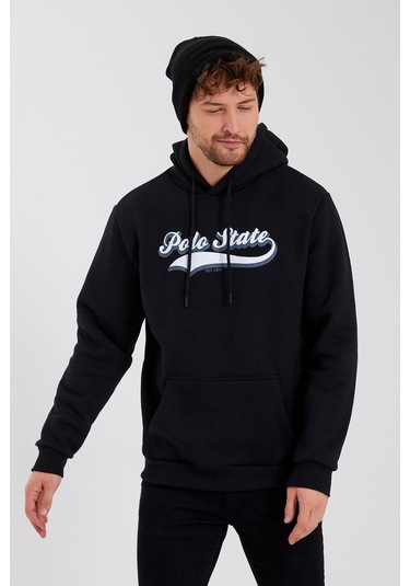 Erkek 3 İplik Pamuklu İçi Polarlı Baskılı Regular Fit Kapüşonlu Kanguru Cepli Siyah Sweatshirt Siyah