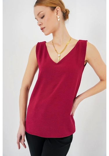 Defymoda V Yaka Sıfır Kol Bluz 950 - Bordo Bordo