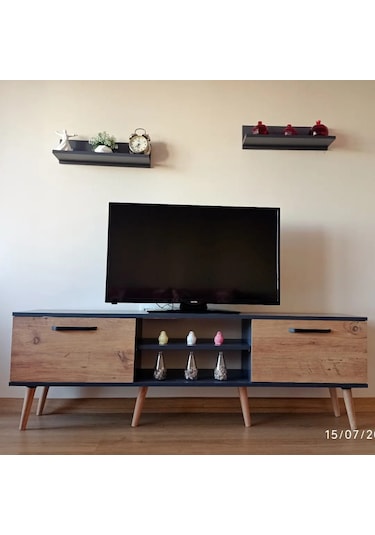 Ms 90 Mdf Tv Ünitesi Dolabı Raflı Antrasit Ceviz