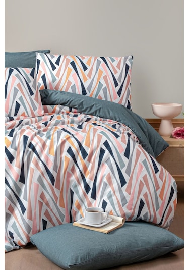 Lastikli Çarşaflı Tek Kişilik Nevresim Takımı Shap Petrol Yeşili - Somon