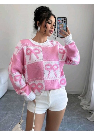 Sayzen Your Shine Kurdele Işlemeli Kareli Oversize Kazak Sy-2502 Pembe