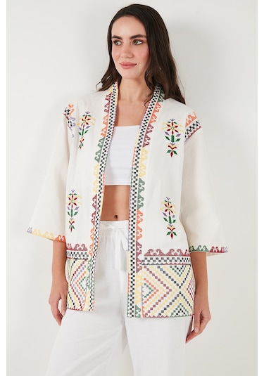 Lela Nakış Işlemeli Pamuklu Oversize Fit Truvakar Kol Bayan Kimono 676272 Ekru