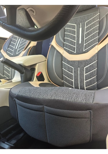 Argalı Ford Courier Araca Uygun Oto Koltuk Kılıfı Üniversal Keten Ve Suni Deri Cepli Oto Koltuk Kılıf Bej