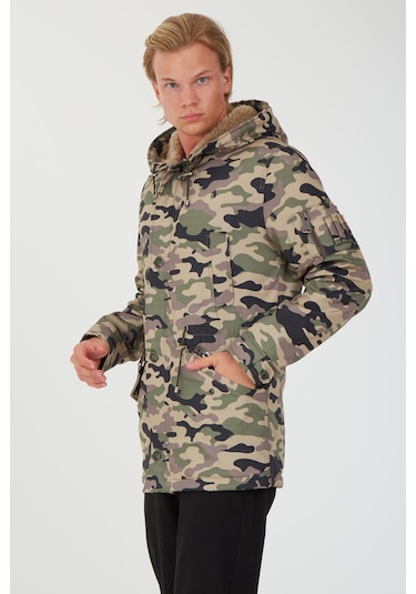 Sposo 1738 Su Itici Kumaş , Kapşonlu Siyahlı Kamuflaj Erkek Kaban Yeşil - Siyah