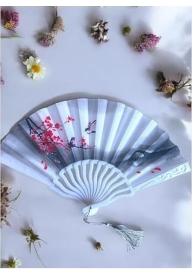 Japon El Yelpazesi, Kiraz Çiçeği Desenli, Beyaz, Püsküllü