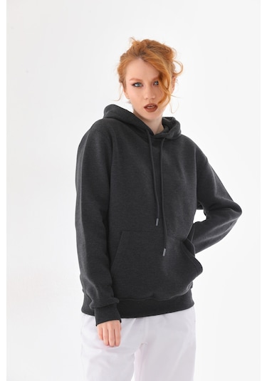 Everest Everst Kapüşonlu 3 İplik Şardonlu Cepli Sweatshirt Antrasit Antirasit