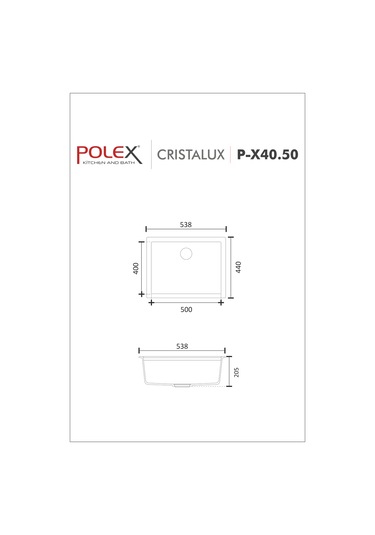 Polex Cristalüx Granit Evye P-X40 Antrasit Tezgah Altı Ve Tezgah Üstü Kare Mutfak Evyesi 53.8x44 CM