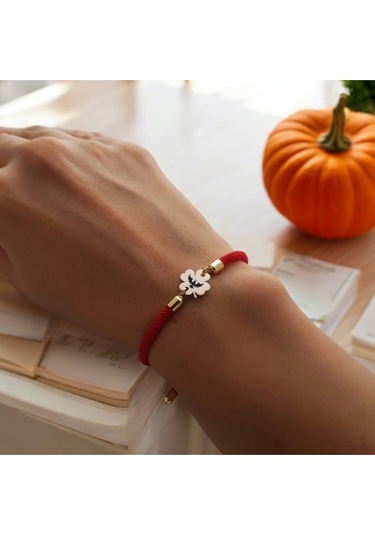 Örgü İplili 14 Ayar Altın Plakalı Çiçek Figürlü Kartal Sembollü Hediye Bileklik-324sembol-kırmızı Altın