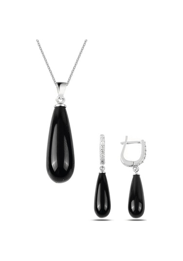 Gümüş Uzun Damla Model Kolye Küpe Oniks Taşlı Set
