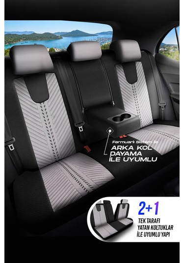 Gri - Siyah Panda Monte Carlo Serisi Velor Kadife Kumaş Oto Koltuk Kılıfı - Tam Set