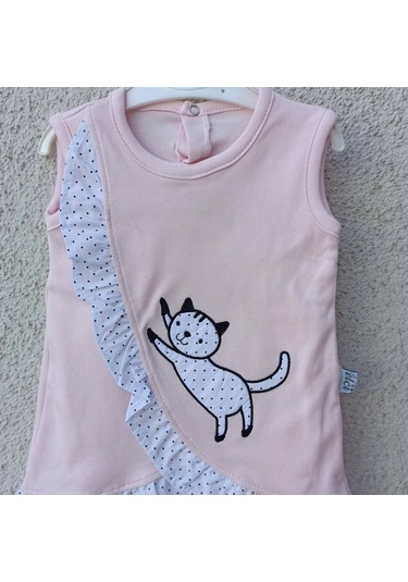 3-9 Ay Kız Bebek Badi Kedili Fırfırlı Bandanalı Pembe