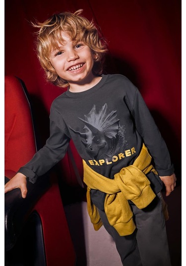 Erkek Çocuk Dinozor Baskılı Uzun Kollu T-shirt - Antrasit Mavi