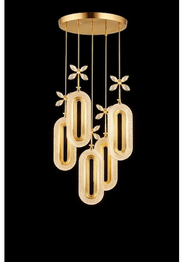 Bohem Aydınlatma 5'li Gold Sarkıt Elips 3 Renk Led Modern Avize Gold