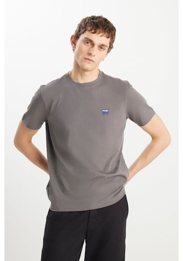 %100 Pamuk Regular Fit Normal Kesim Minimal Logo Antrasit Tişört Anthracite