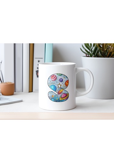 S Baş Harf Gezegen Desenli Kupa Bardak - Kişiye Özel Evren Temalı Kahve Çay Kupası - Gökyüzü Beyaz