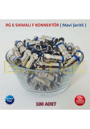 Rg6 Sıkmalı F Konnektör Mavi Şeritli - 100 Adet